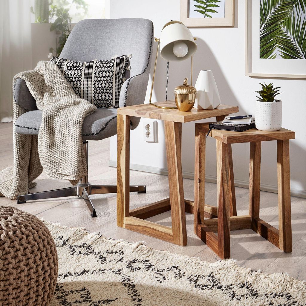 WOHNLING 2er Set MUMBAI Beistelltisch Massivholz Sheesham Design Wohnzimmer-Tisch eckig Nachttisch Satztisch Landhaus-Stil