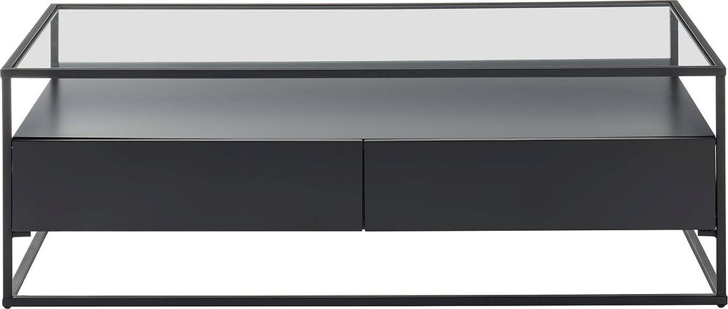 Couchtisch >EVORA< 2 Schübe, Ablage, Glas / schwarz - 120x40x60 (BxHxT)