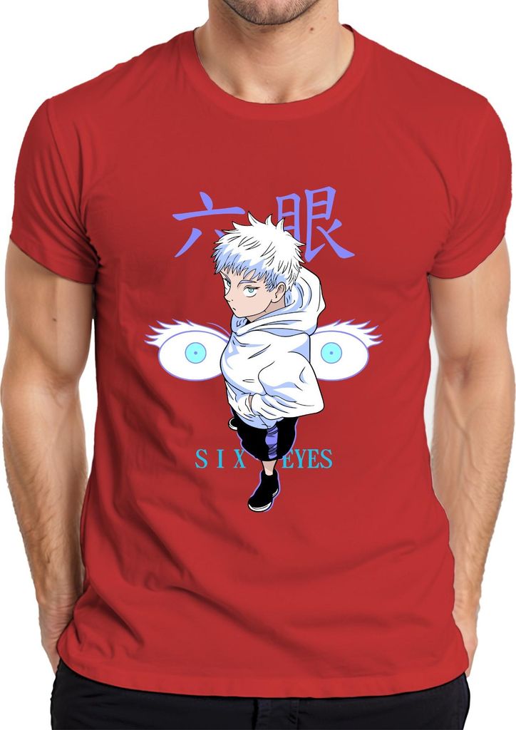SIX EYES Anime Ästhetik Junge weiße Haare Manga Otaku Geschenk Herren T-Shirt, Rot, M