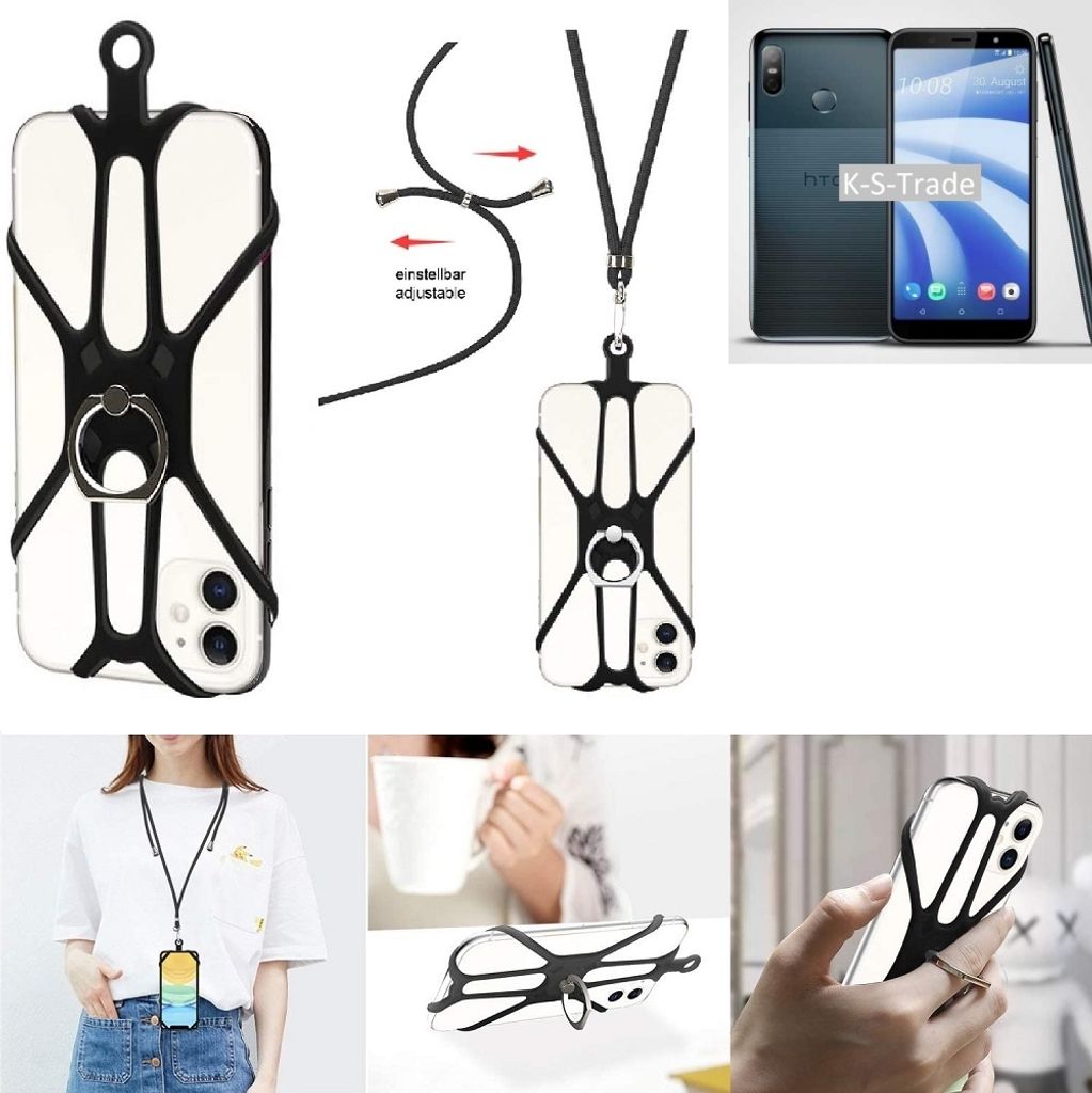 K-S-Trade 3in1 Handykette Handyband Handykordel Halsband Smartphone-Ring Handy-Ring kompatibel mit HTC U12 life Fingerhalterung Handyring