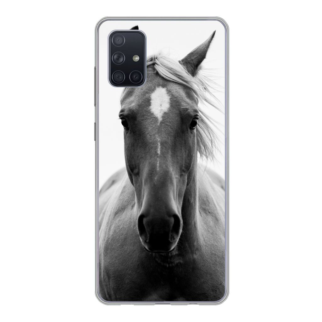 MuchoWow Handyhülle Schutzhülle Hülle für Samsung Galaxy A71 Pferd - Schwarz - Weiß - Porträt Silikon Softcase Handy Hülle - Kartenbesitzer