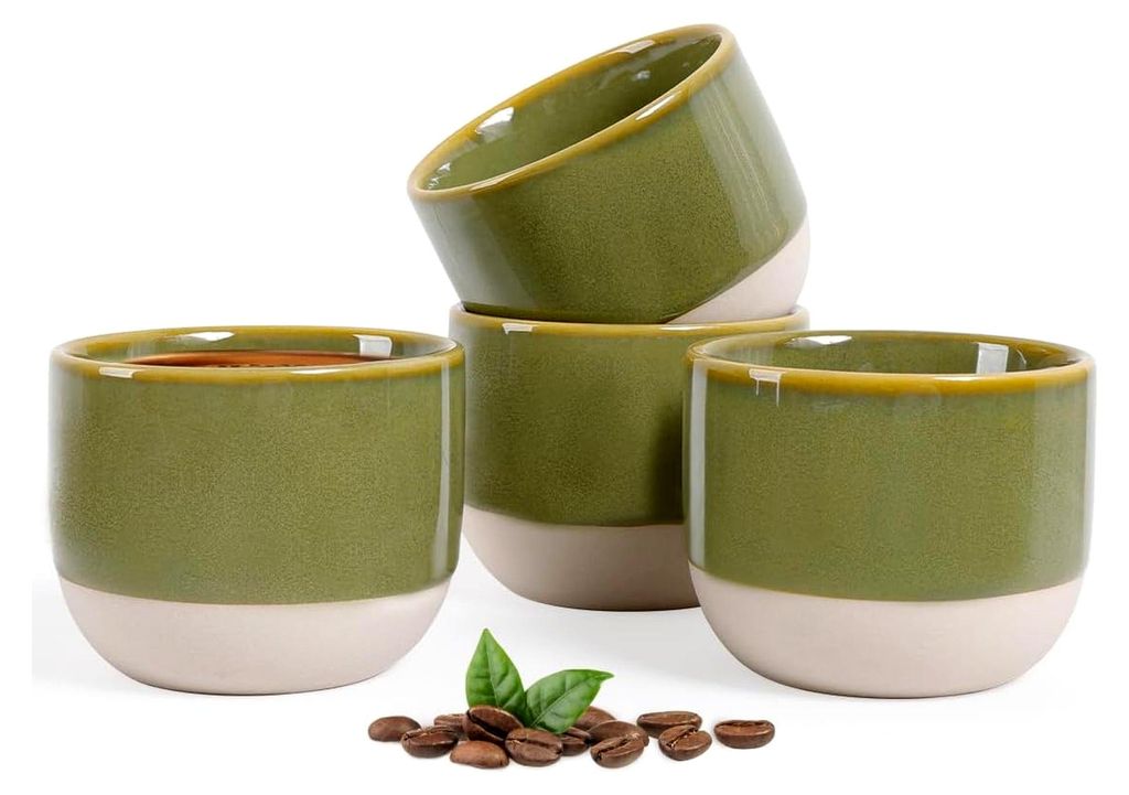4-teiliges Set Espressotassen Grün, 120 ml Dickwandige Handgefertigte Porzellan-Tassen ohne Henkel – Espresso- & Mokkatassen - Geschenkidee