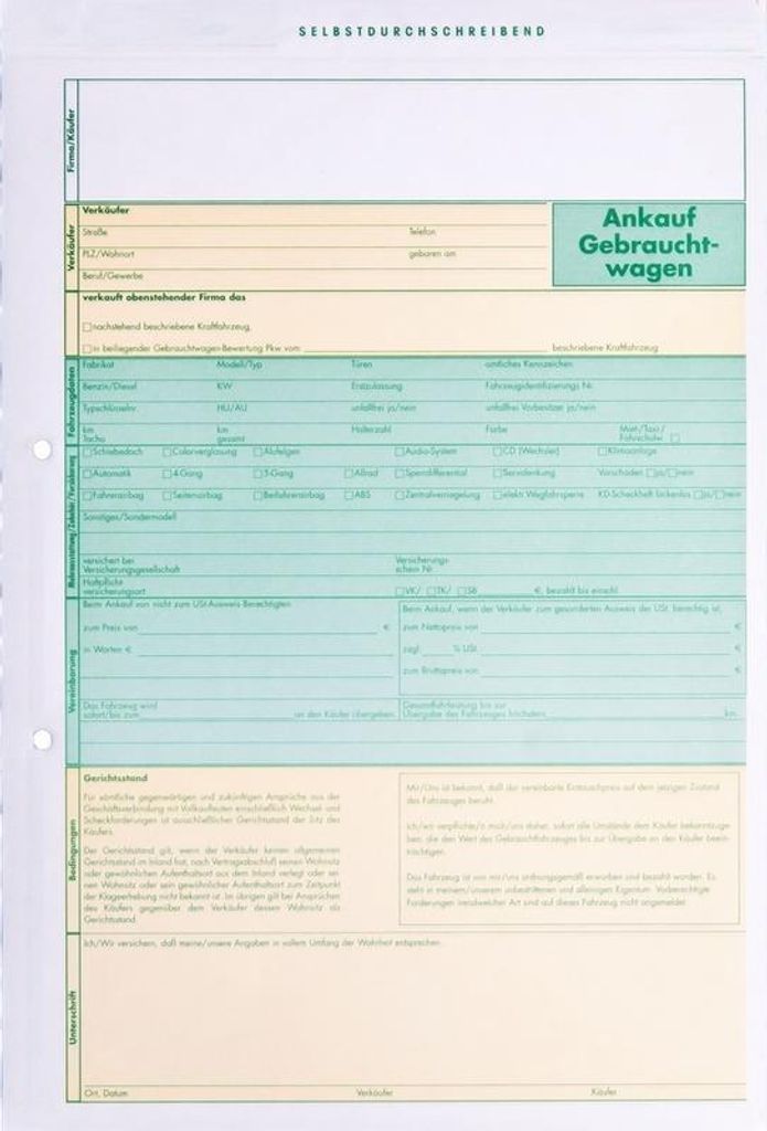 Formular Ankaufschein für ein es Kfz, selbstdurchschreibend, 2-fach, Format: DIN A4, Mehrfarbig, Verpackungseinheit: 1 BLK/25