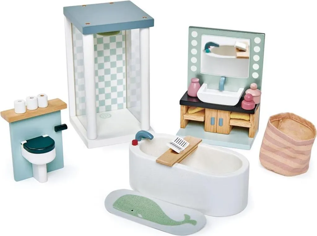 Salle de Bain de Poupées Durable en Bois Bleu Tender Leaf Set Complet