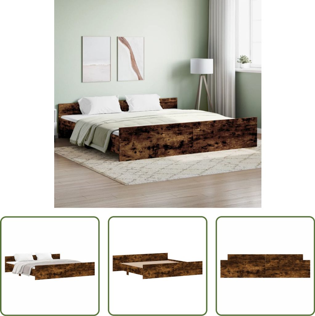 The Living Store Bettgestell mit Kopf- und Fußteil Räuchereiche 200x200 cm