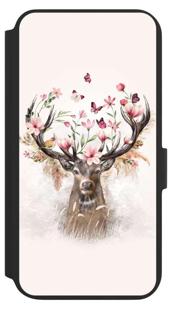 NIVOCASE Klapphülle für Samsung Galaxy S22+ Handyhülle aus Kunst Leder NIVOflip schwarz Blumen Hirsch Tiere