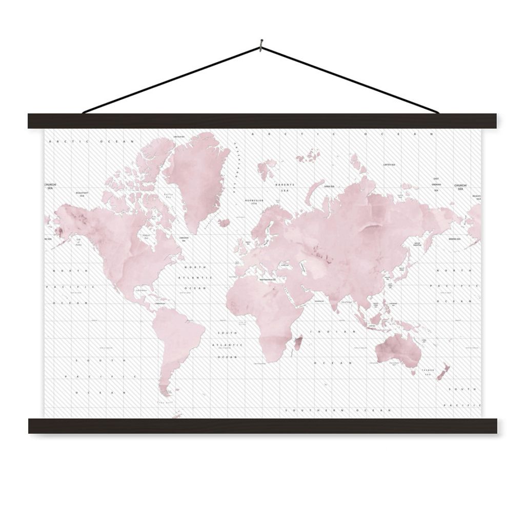 MuchoWow Textilposter Weltkarte - Rosa - Marmor 90x60 cm mit schwarzem Rahmen - Aufhängungssatz