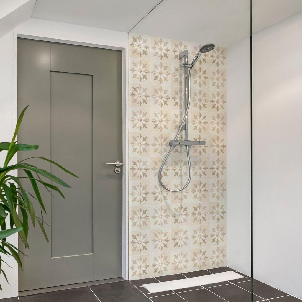Duschrückwand Muster selbstklebend - 0.61 mm Wandpaneel wasserfest Ornament beige Fliesenoptik Abstrakt Badrückwand fugenlos Premium matt 80x210 cm