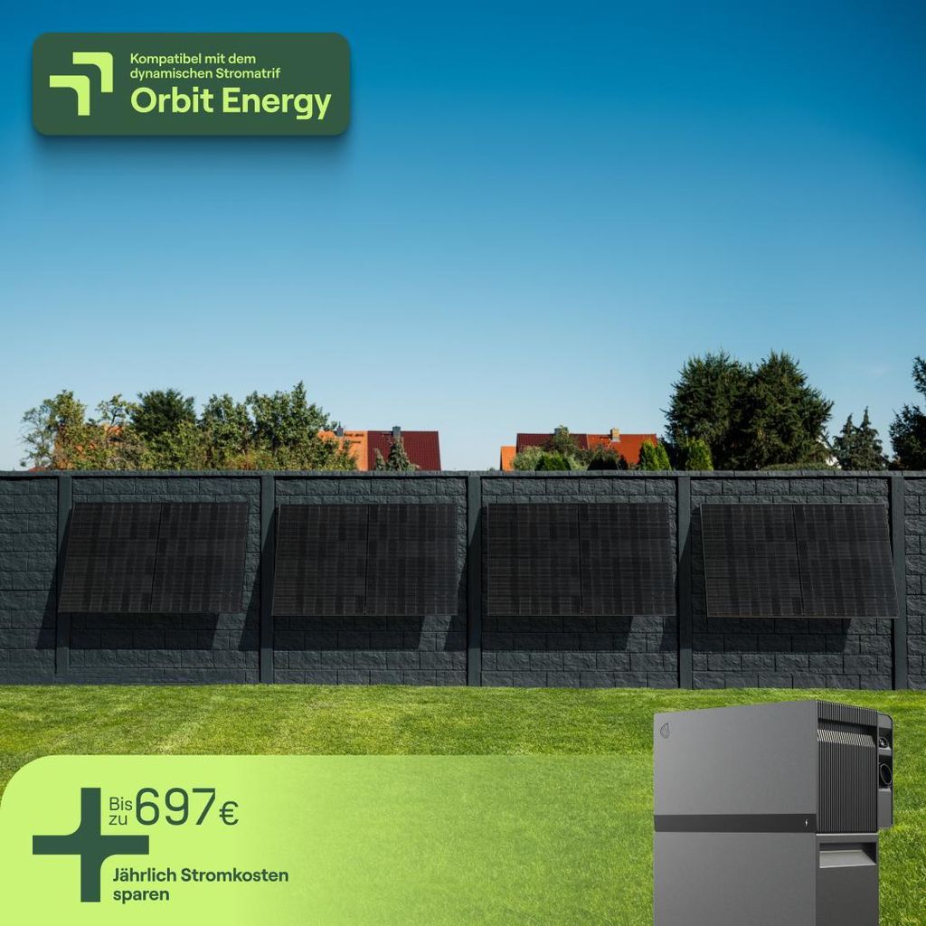 Balkonkraftwerk für Fassade mit 4 Modulen & Speicher Avocado Orbit M (4,22 kWh) - 5m Anschlusskabel - priWall Quattro