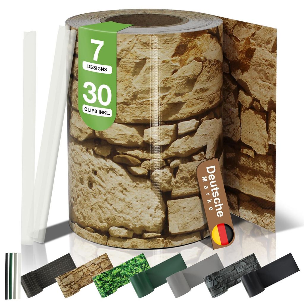 BOOGARDI PVC Sichtschutzstreifen · Sichtschutz Zaun 19 cm x 35 m Sandstein 1 Rolle · 450 g/m² · inkl. 30 Clips · Zaunblende für Doppelstabmat...
