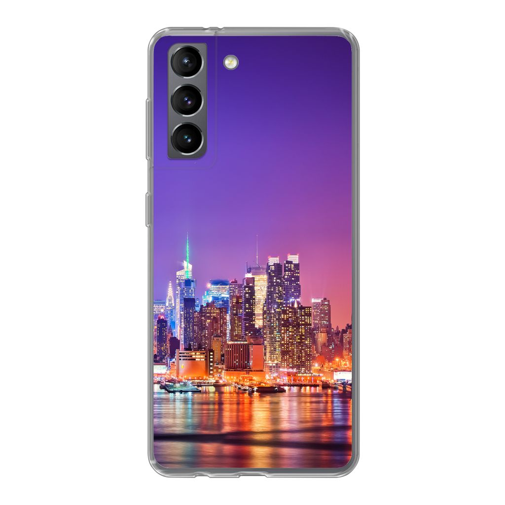 MuchoWow Handyhülle Schutzhülle Hülle für Samsung Galaxy S21 New York - Skyline - Lila Silikon Softcase Handy Hülle - Softcase