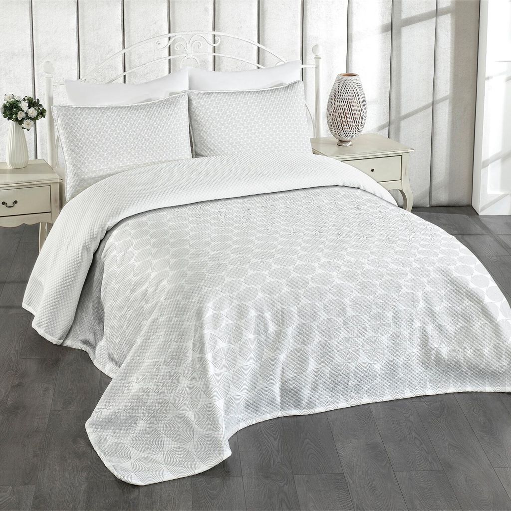 ABAKUHAUS Stammes Tagesdecke Set, Boho Style-Windende Kreise verbindet runde Formen mit Aztec Effekt Design, 264 x 220 cm, Grau und Weiß