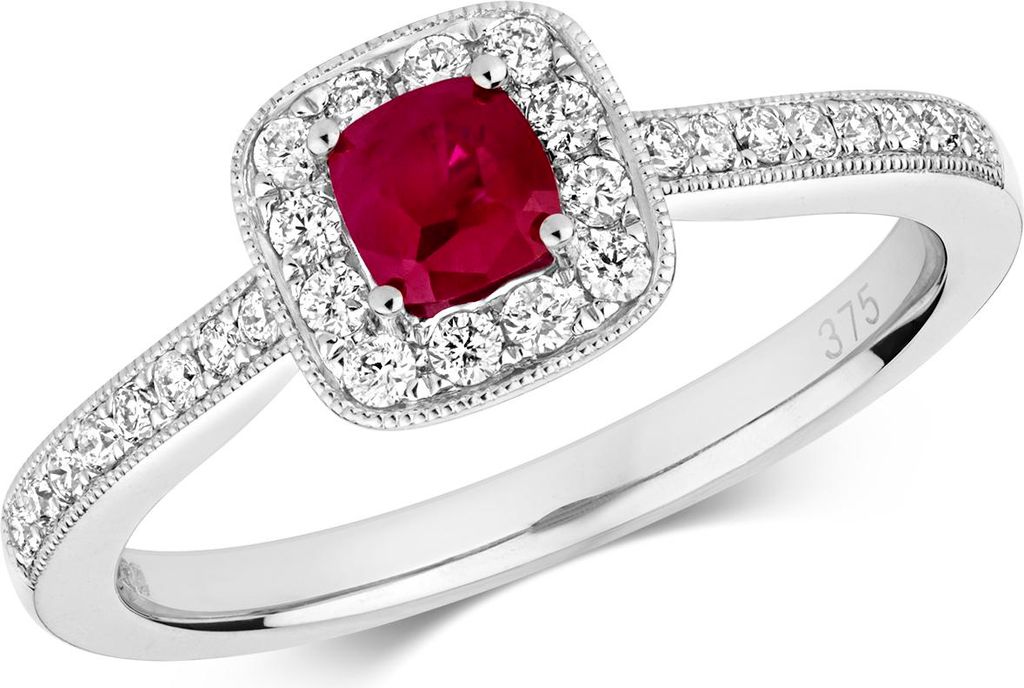 Schöner 9 Karat (375) Weißgold Cluster Damen - Diamant Solitärring Brillant-Schliff 0.24 Karat HI - I1 mit Rubin, 57 (18.1); TRS292269KWRSP