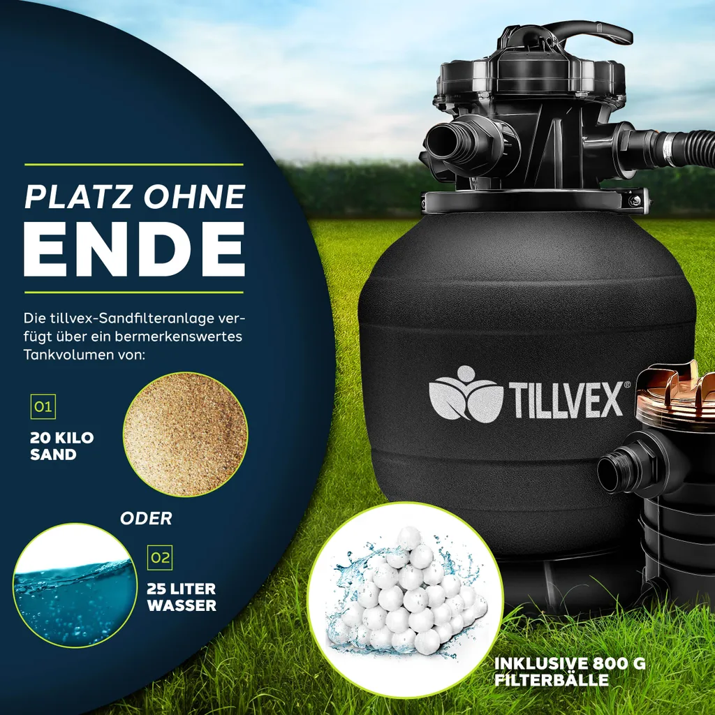 tillvex sistema di filtraggio a sabbia per piscina 10 m³/h incl. 800 g di sfere filtranti nere | sistema di filtraggio valvola a 7 vie & adattatore 2in1 Ø32mm - 38mm | filtro per piscina con indicatore di pressione | filtro a sabbia per piscine - 3