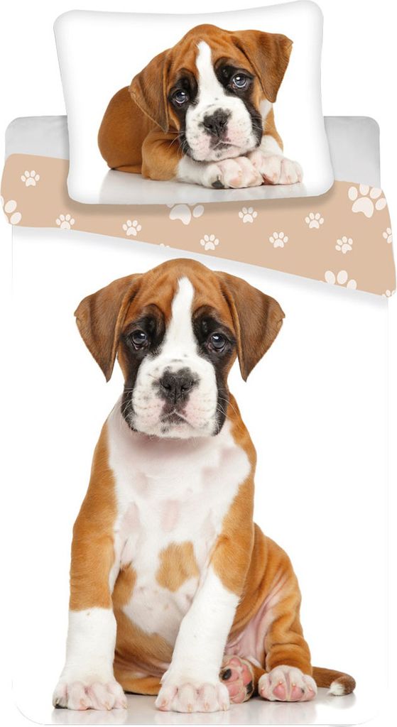 Kinder Bettwäsche Wendemotiv Hund Boxer Welpe braun weiß Bettdecke 140 x 200 + Kopfkissen 70 x 90 cm, 100% Baumwolle mit Reißverschluss