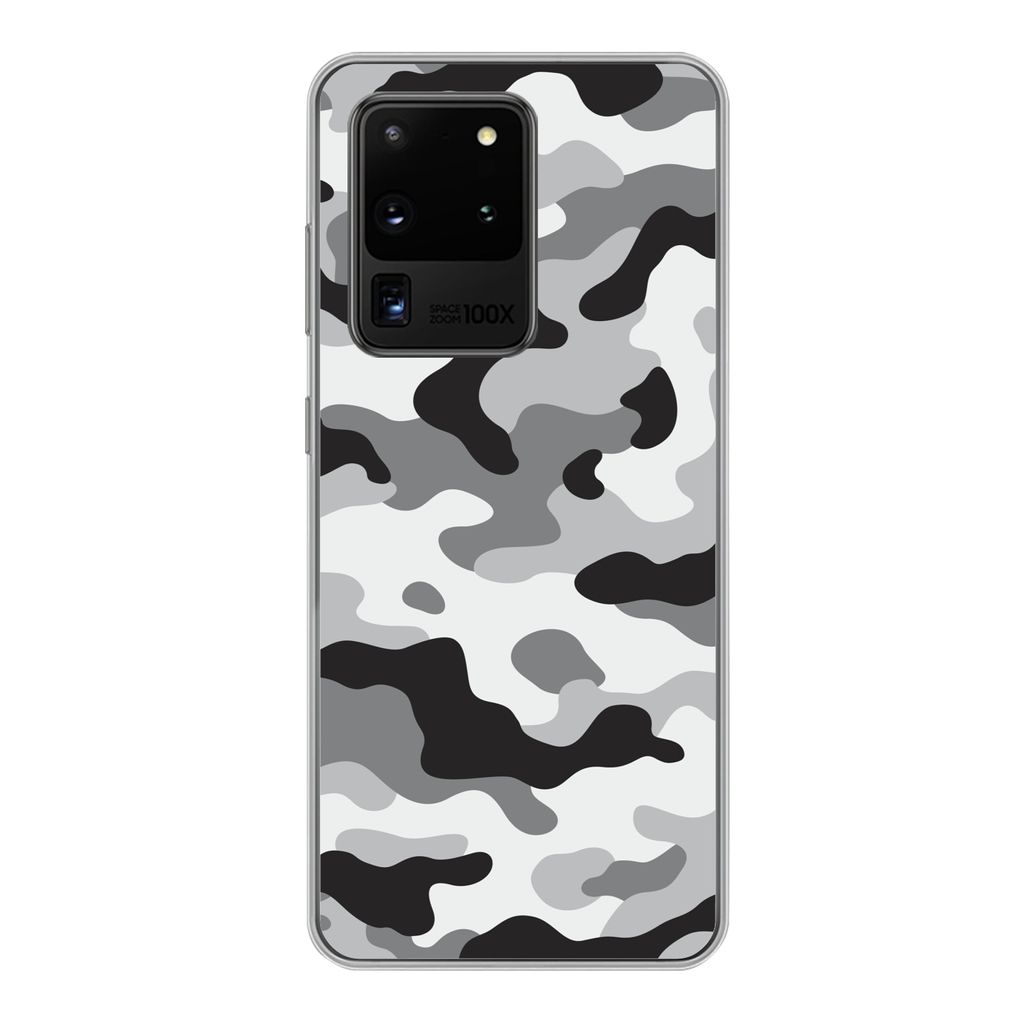 MuchoWow Handyhülle Schutzhülle Hülle für Samsung Galaxy S20 Ultra Schwarz-weißes Camouflage-Muster Silikon Softcase Handy Hülle - Kartenin...