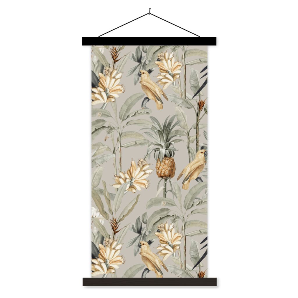 MuchoWow Textilposter Blume - Ananas - Vogel 40x80 cm mit schwarzem Rahmen - Wandemalerei