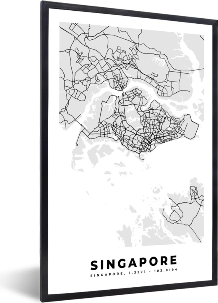 MuchoWow Gerahmtes Poster Singapur - Karte - Stadtplan - Schwarz und weiß - Karte 60x90 cm - Poster mit Schwarzem Bilderrahmen Wandposter Rahmen...