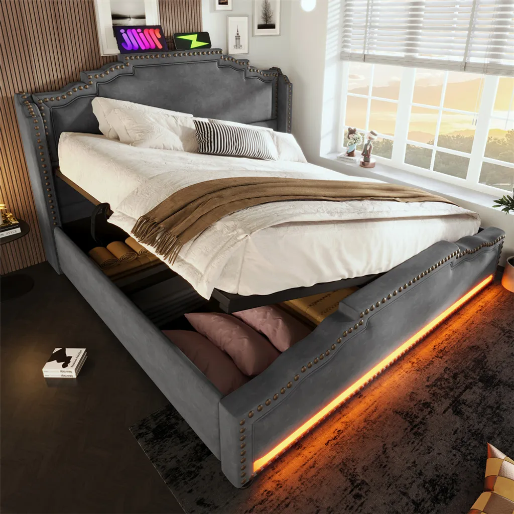 Lit pour Adolescent 140x200 avec Rangement sous Sommier en Velours