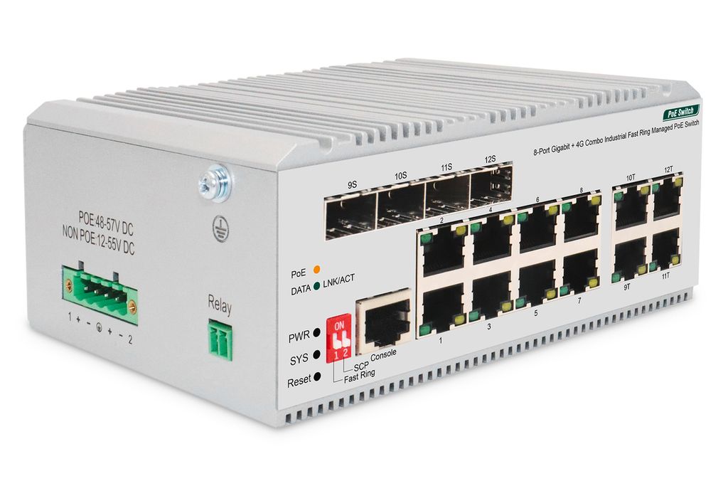 DIGITUS 8 Port Gigabit Ethernet Netzwerk PoE Switch, Industrial, L2 managed, 4 SFP Uplink