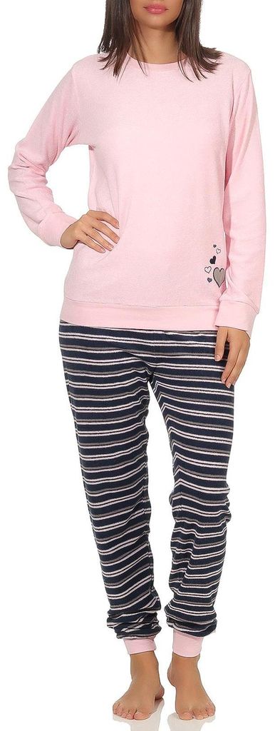 Eleganter Damen Frottee Pyjama Schlafanzug mit Bündchen und Herz Motiv - 291 201 13 570 ; rosa , 44