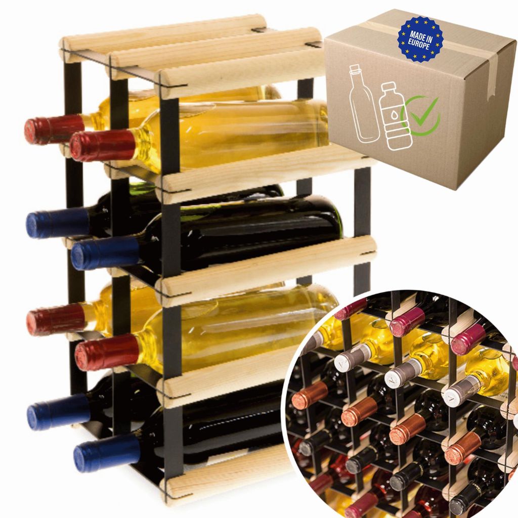 MODO24 Weinregal, 8 Flaschen, Flaschenhalter, Weinständer, Erweiterbar, Holz Metall, Industrial Loft, Küche, 42,5x22,5x25 cm, Natur, RW8
