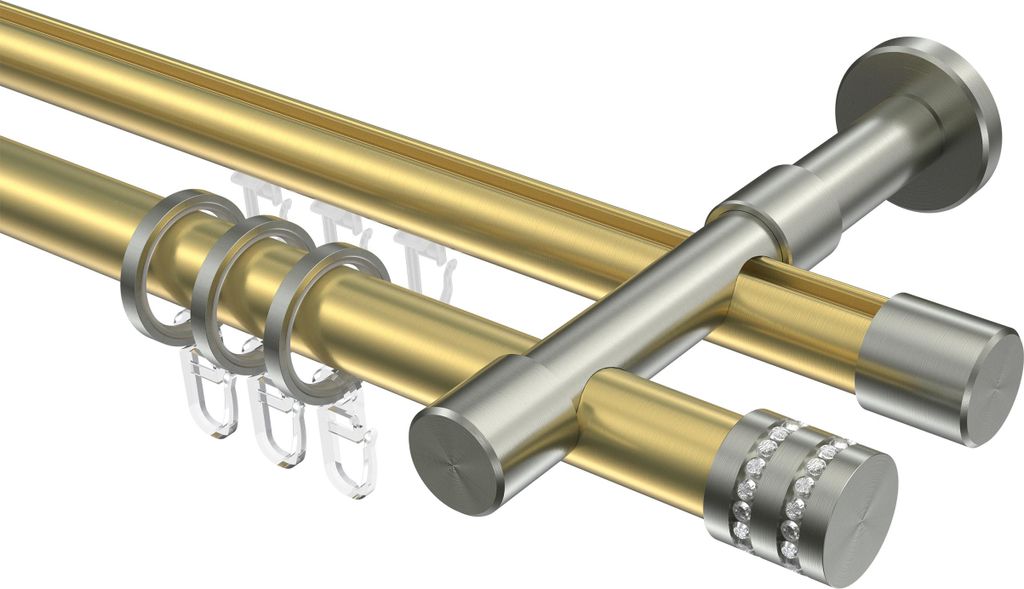 Interdeco Rundrohr-Innenlaufstange / Gardinenstange (Kombination) Messing-Optik / Edelstahl-Optik, Typ Prestige Estana (Glitzerkappe), 20 mm Ø 2-l...