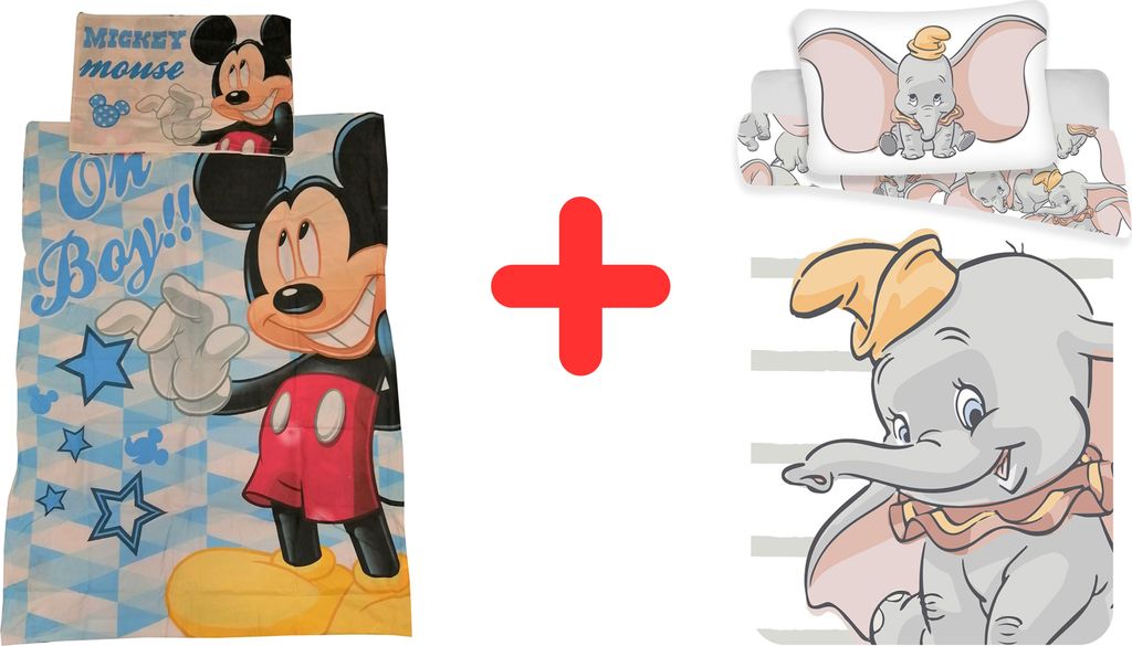 Disney 2er-Set Bettwäsche Set mit Mickey Maus und Dumbo 100x135 Bettdecke + 40x60 cm Kopfkissen, 100% Baumwolle für Babys, Kinder, GESCHENK-SET