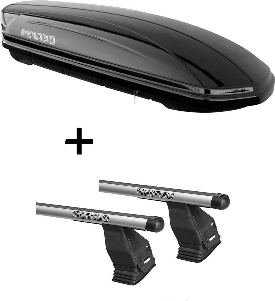 Dachbox MAA 400 Liter + Dachträger Menabo Tema kompatibel mit für Nissan NV200 (Hochdachkombi) ab 2009