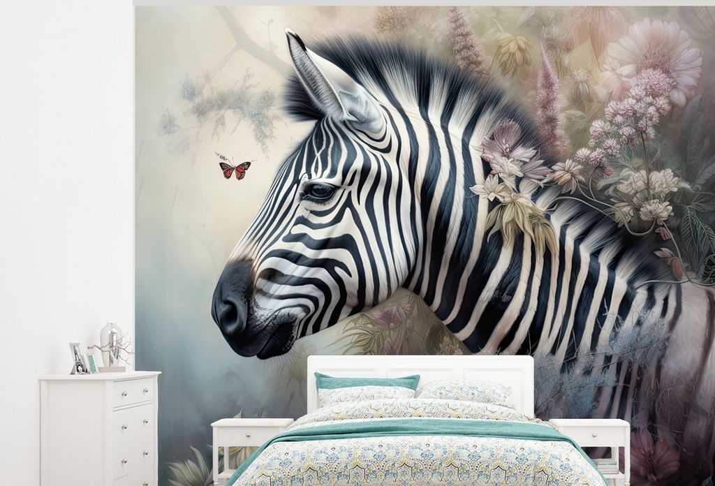 MuchoWow Fototapete für Wohnzimmer oder Schlafzimmer Wandtapete Vinyl Motivtapete Zebra - Wilde Tiere - Schmetterling - Blumen - 275x220 cm - Ge...