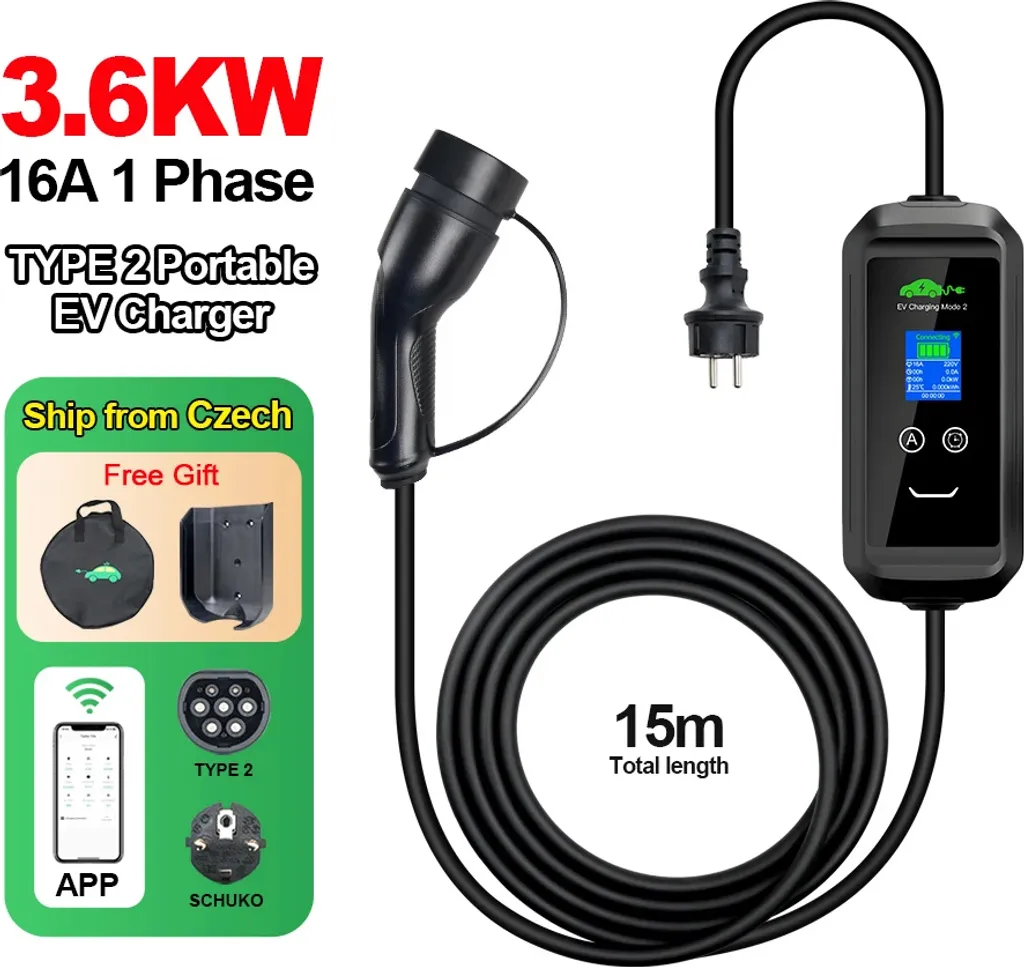 Chargeur EV portable 3,6 kW Type 2 - Contrôle App - Noir - Charge Rapide