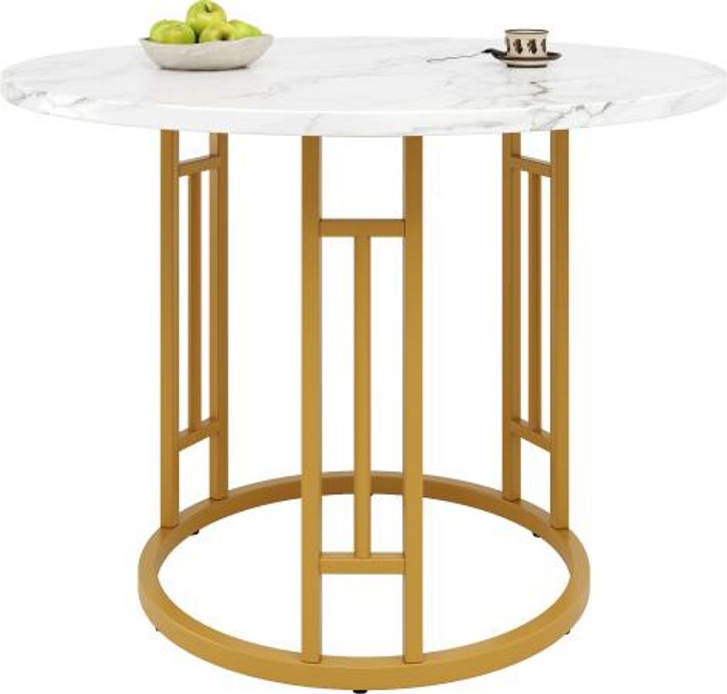 Couchtisch Esstisch 80x80x76cm Runder Kuechen-Esstisch 4 Personen Stilvolle Metallbeine MDF Marmor-Tischplatte Gold Geeignet fuer Esszimmer Wohnzimmer