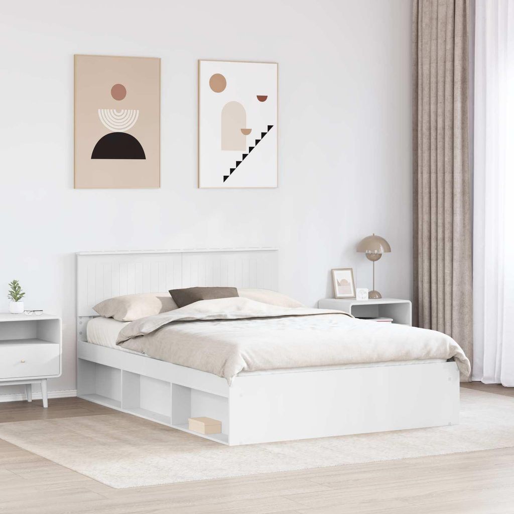 “2026 Modern“ Bettrahmen mit Kopfteil Weiß 135 x 190cm Massives Kiefernholz - Designermöbel 486701 - Klassische BettenJugendbett Tagesbett