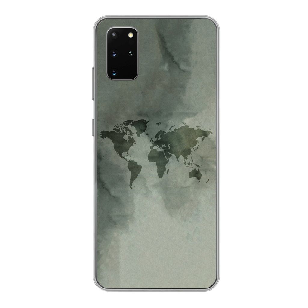 MuchoWow Handyhülle Schutzhülle Hülle für Samsung Galaxy S20 Plus Weltkarte - Grün - Grau Silikon Softcase Handy Hülle - Hartschale