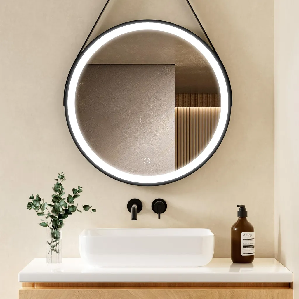 S'AFIELINA Miroir de Salle de Bain Rond 60cm LED Tactile Cadre Noir