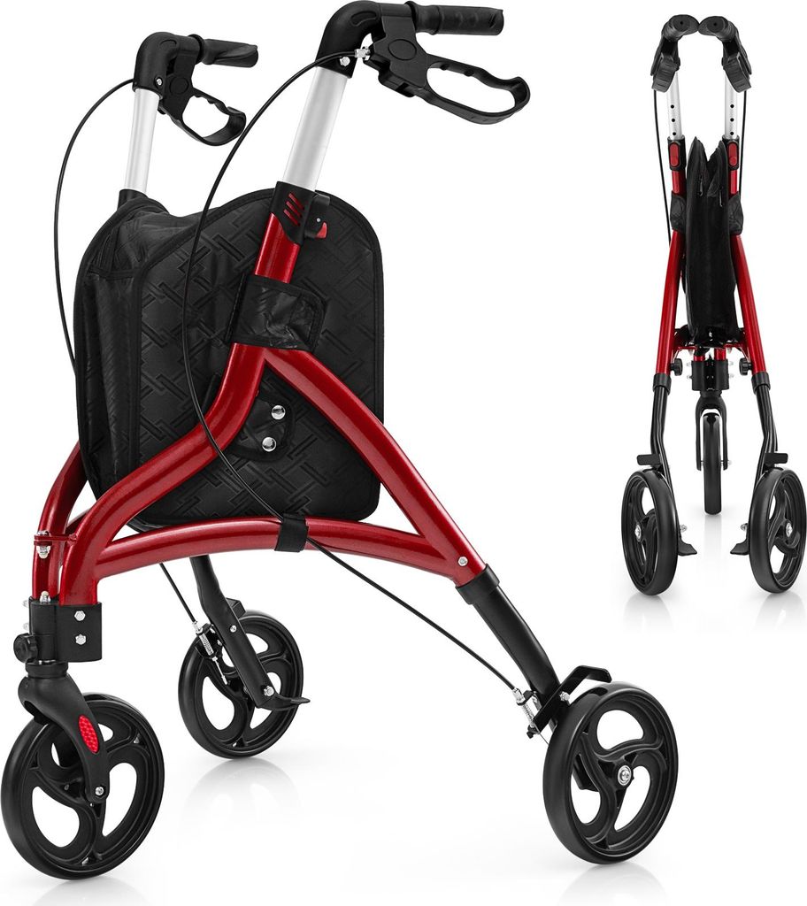 COSTWAY Rollator mit Sitz klappbar leicht, Gehhilfe 6-fach höhenverstellbar, Dreirad Schmal, Gehwagen Alu mit Tasche & Bremse Rot