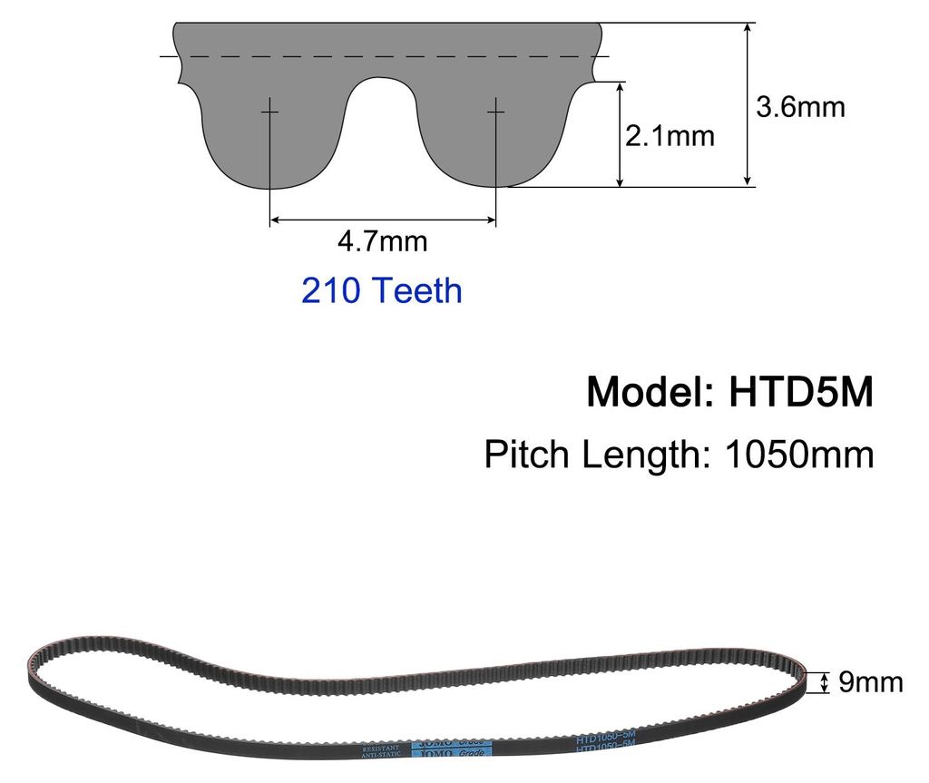 HTD-5M Gummi Zahnriemen 210 Z?hne, 1050mm Steigungsl?nge x 9mm Breite x 3,6mm H?he, Gummizahnriemen Keilriemen Antriebsriemen geschlossen Zahnrieme...
