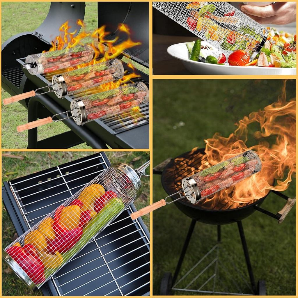 Grillkorb 2 Stück Edelstahl abnehmbarer Holzgriff Camping Grillkorb - zylindrisch rund - rollender Grillkorb - Gabel - Gemüse Pommes Fleisch (30 cm)