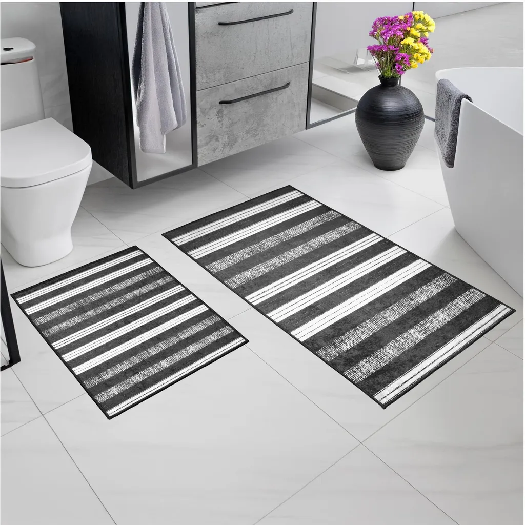 Lot de 2 tapis de bain antidérapants motif code-barres 60x100 50x60 cm