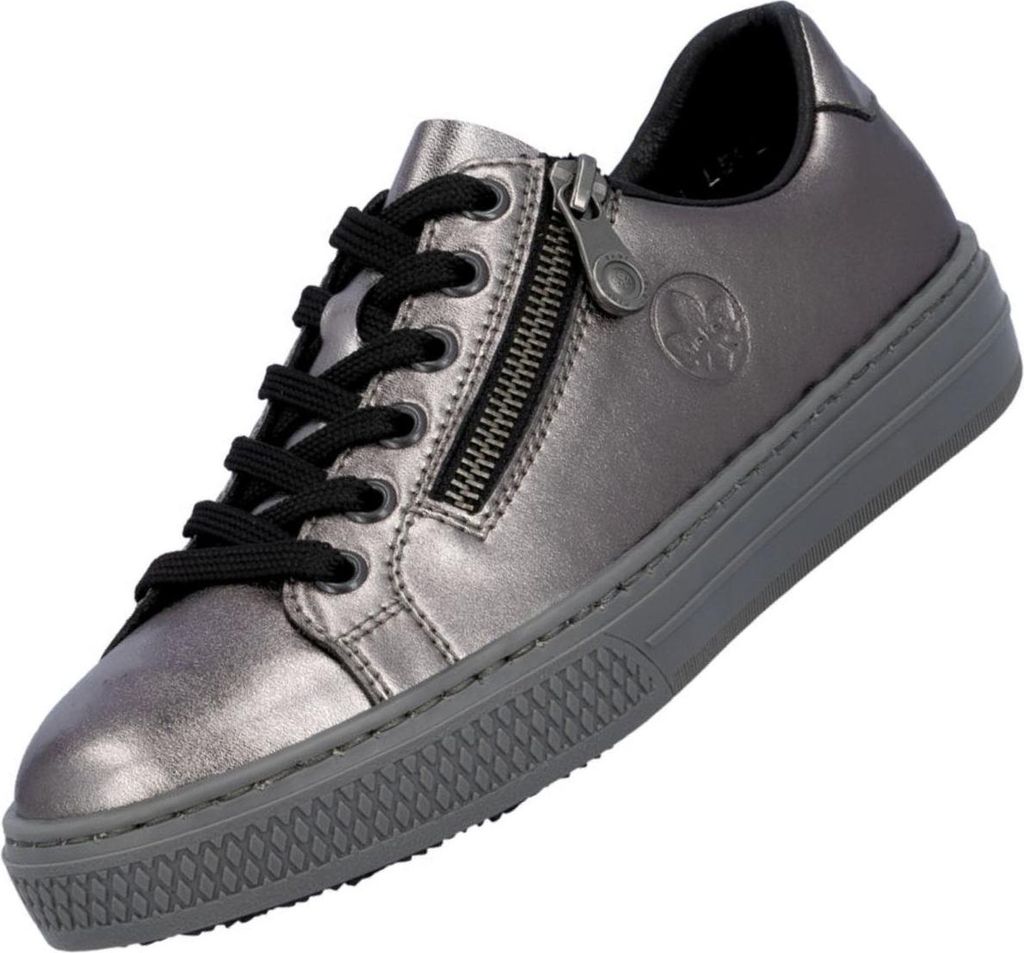 A single silver sneaker with black laces and a zipper is shown against a white background.