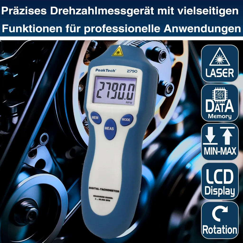 Tachymètre PeakTech 2790 haute résolution 0,1 tr/min et laser de précision
