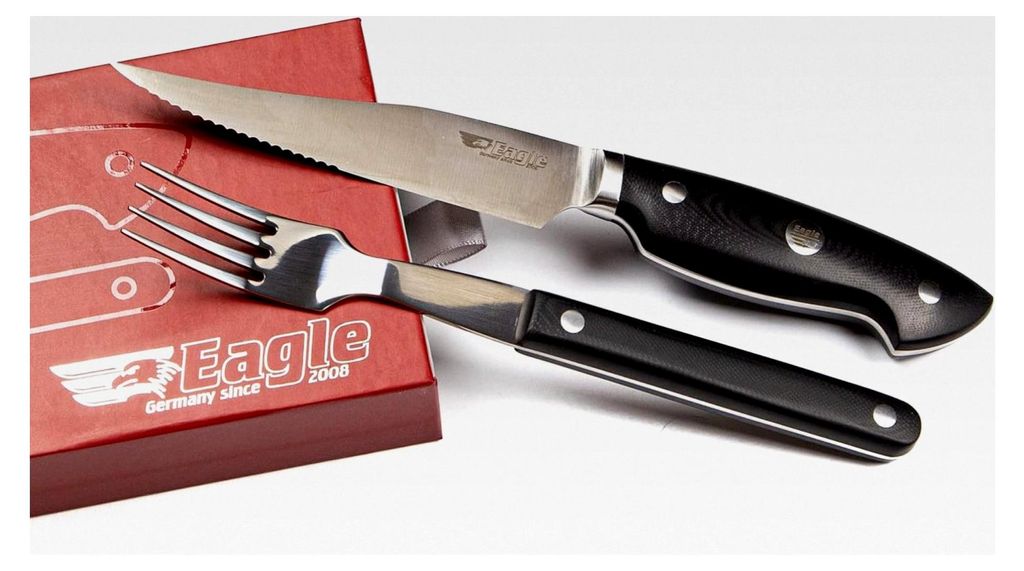 U-Grip - Steakmesser Set mit Steakgabel - Deutscher Messerstahl 1.4116 / Heftschalen aus schwarzem G10