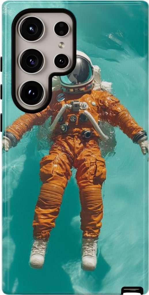 Schwebender Astronaut im orangefarbenen Anzug auf türkisfarbenem Wasser – Hülle Kompatibel mit Samsung Galaxy S24 Ultra