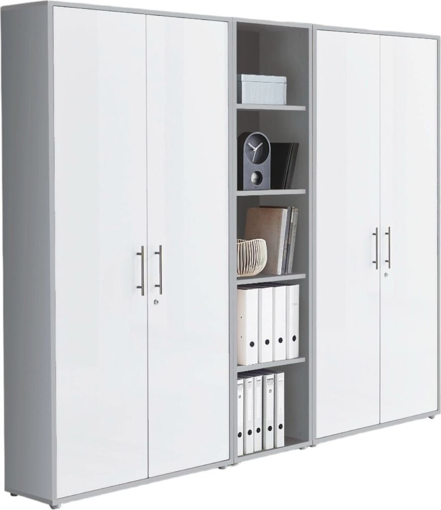 Aktenschrank TABOR 10 in lichtgrau / weiß matt, Schrankwand, Büroschrank, abschließbar, Metallgriffe