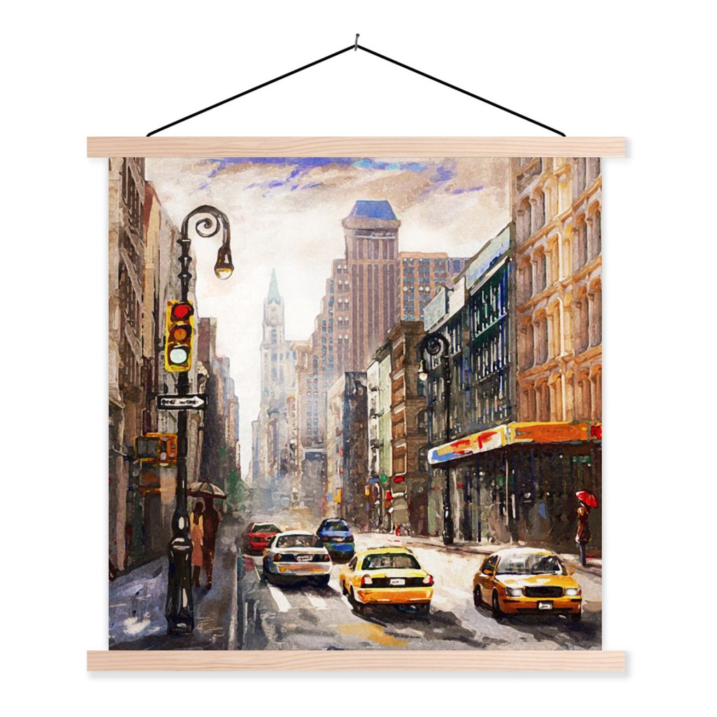 MuchoWow Textilposter Gemälde - Stadt - Auto - Öl 120x120 cm mit holzfarbenen Rahmen - Textil-Poster