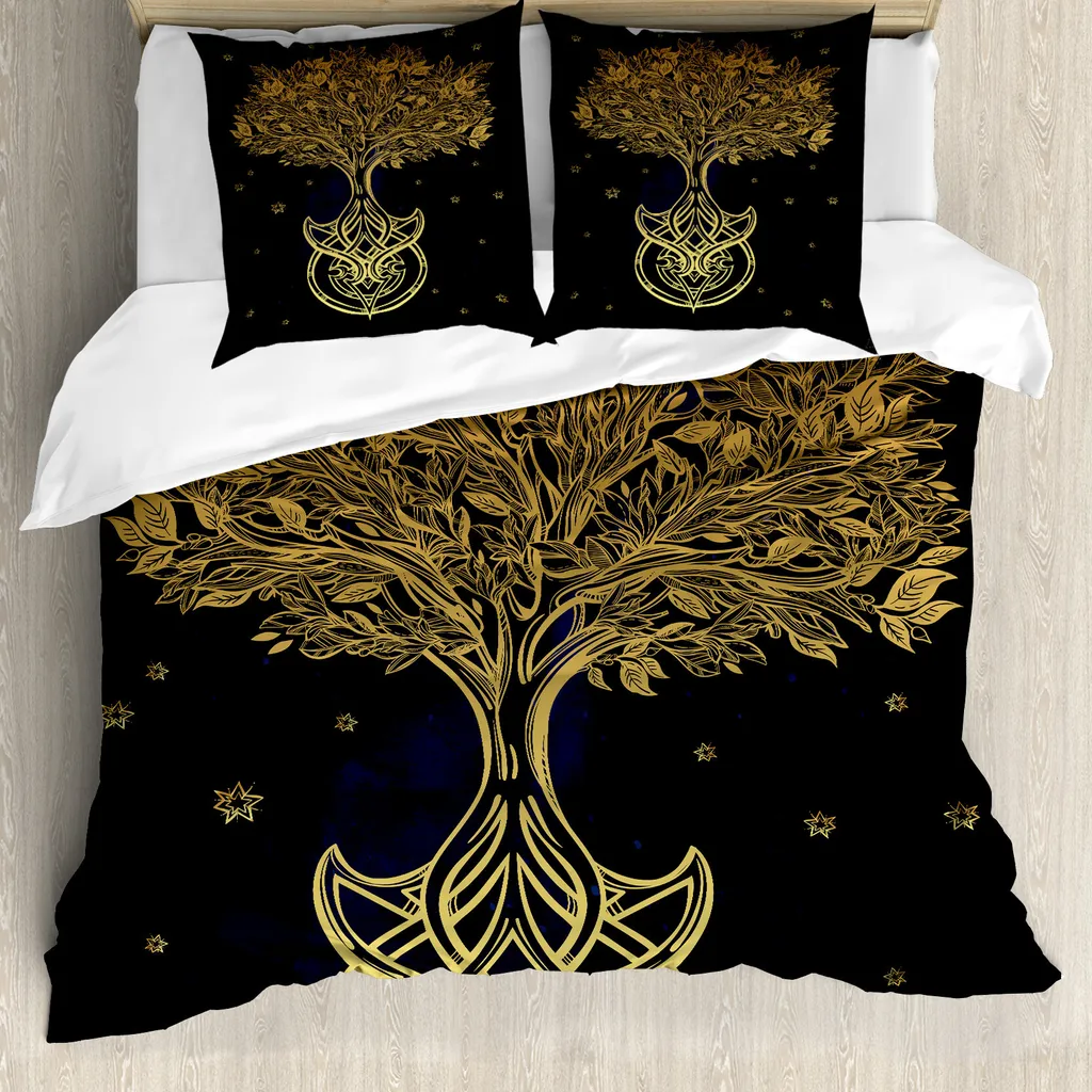 ABAKUHAUS Set copripiumino tribale per letti matrimoniali, stelle notturne, antiacaro, adatto a chi soffre di allergie, con federe, blu scuro e oro
