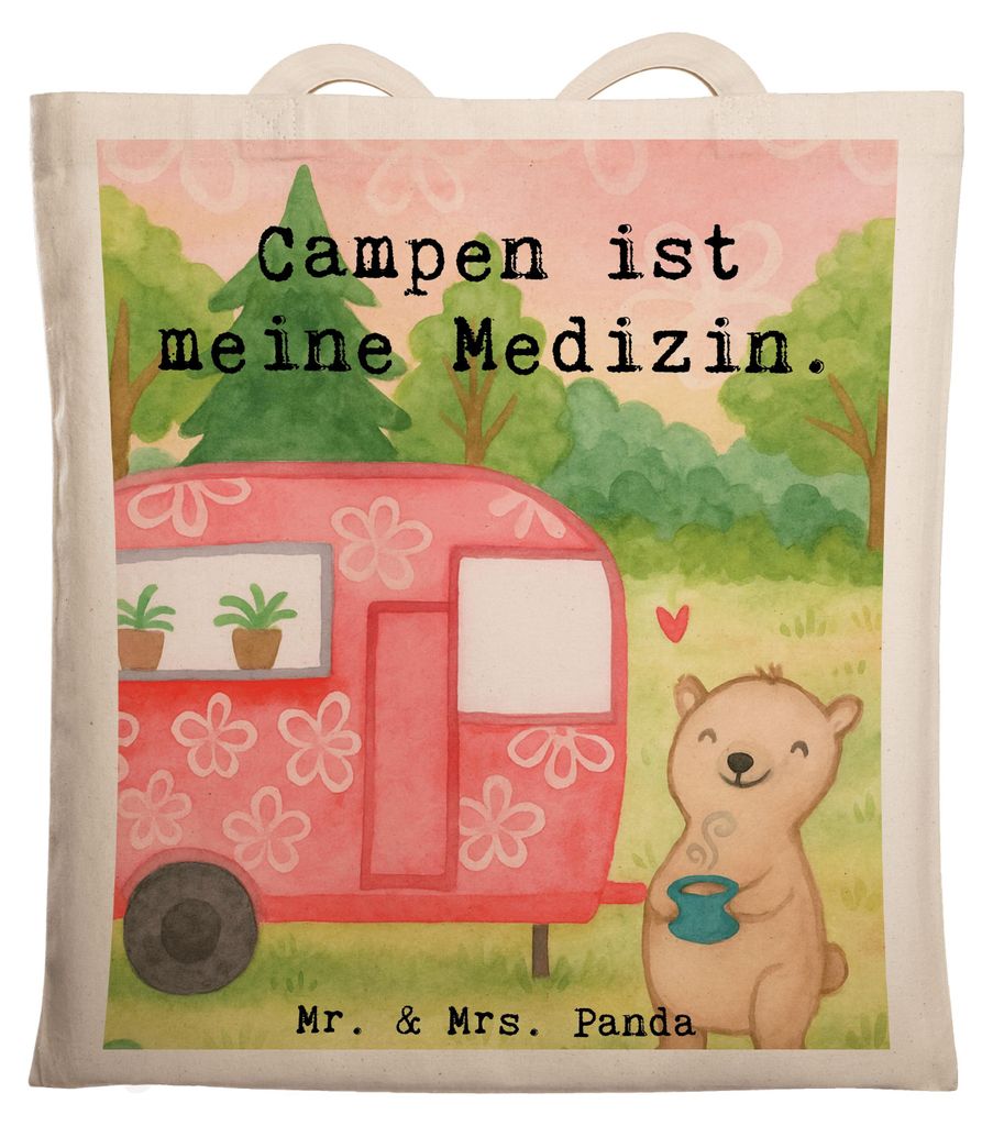 Mr. & Mrs. Panda Tote Bag Bär Camper Design - Weiß - Geschenk, Zelten, Einkaufstasche, Urlaub, Campingplatz, Jutebeutel, Tasche, Wohnmobil, Schul...