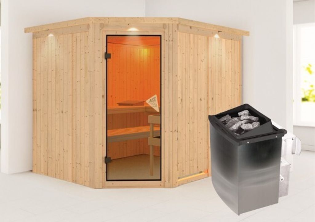 Karibu Sauna Innensauna Malin Eckeinstieg Ofen 9 kW integr. Strg 245x210x202 cm mit Dachkranz mit Bronzierte Tür