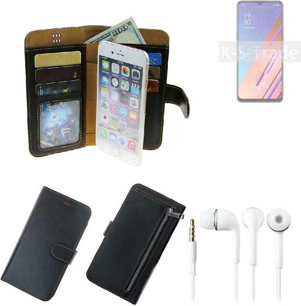 TOP SET Handy Hülle Schutz Hülle kompatibel mit Oppo Reno3 Vitality Edition schwarz aus Kunstleder + Kopfhörer Smartphone Tasche vollwertige