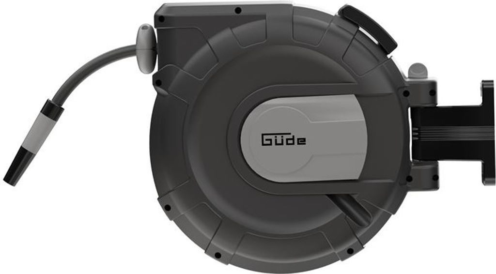 A product shot of an automatic hose reel mounted on a wall.